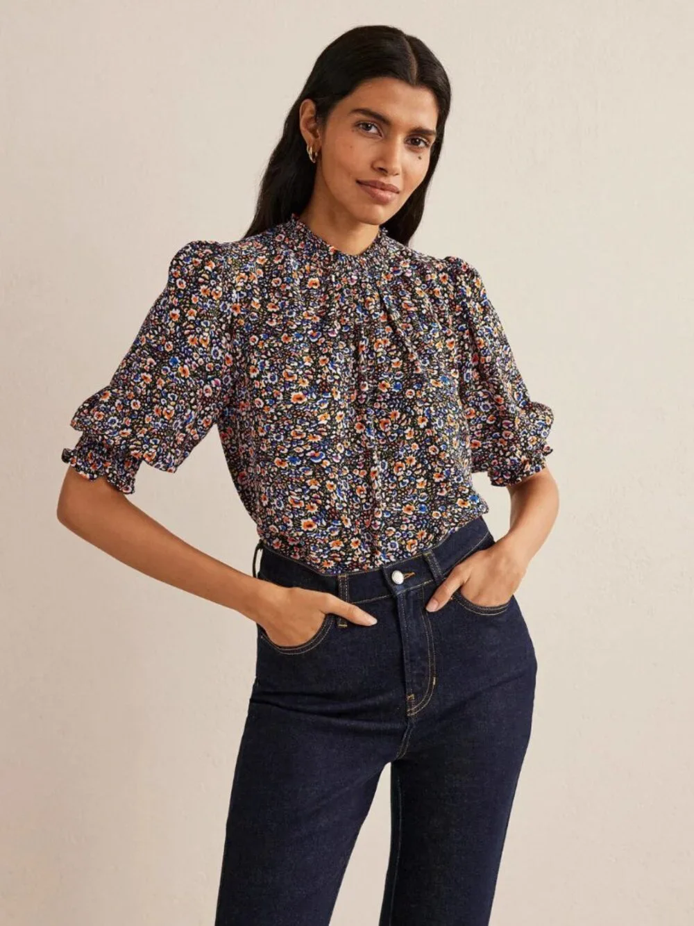 Boden Smocked Detail Printed Top in Multi Eden Bloom
